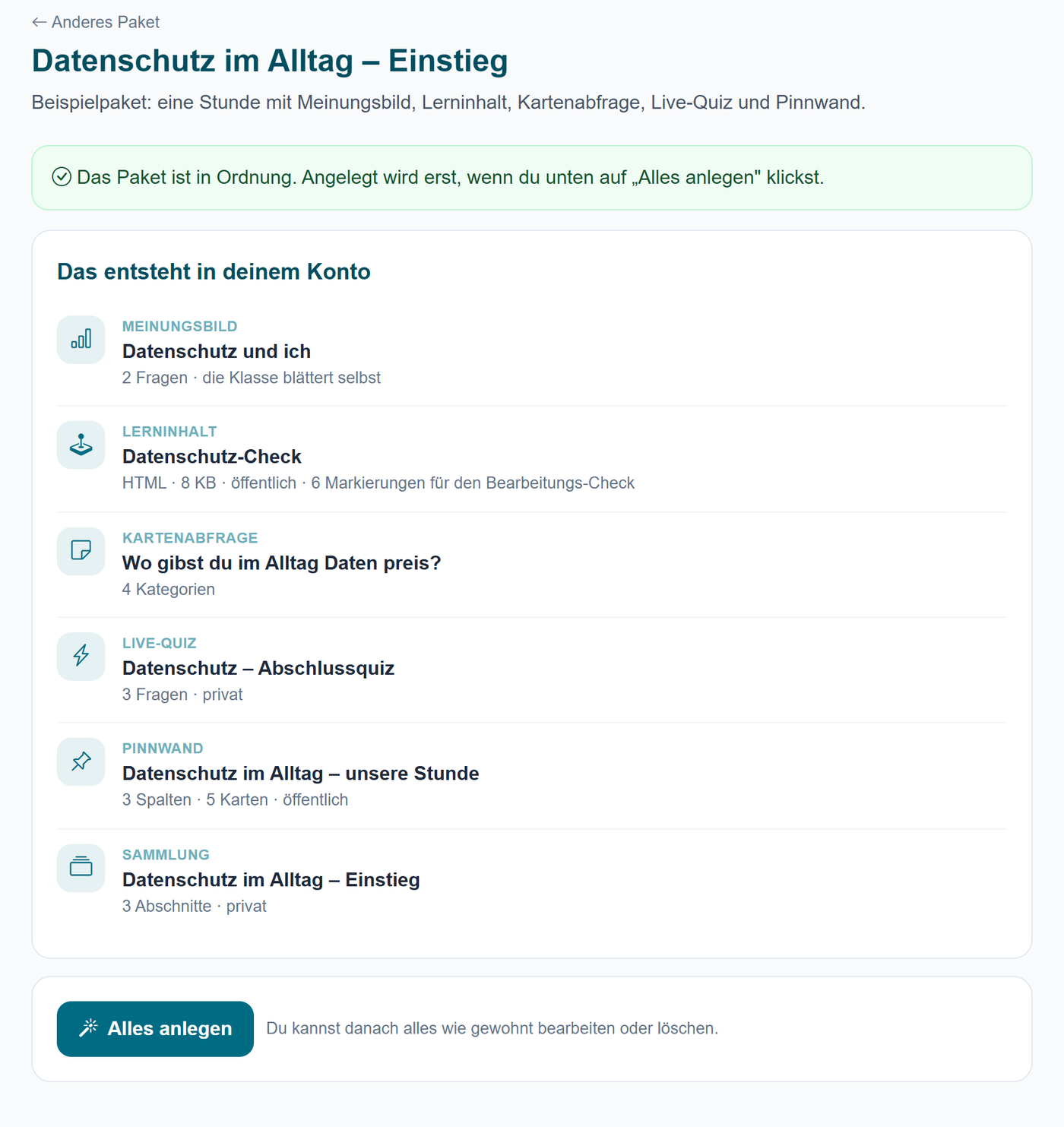 Vorschau in Schulspace: Das Beispielpaket „Datenschutz im Alltag“ mit Meinungsbild, Lerninhalt, Kartenabfrage, Live-Quiz, Pinnwand und Sammlung, darunter der Knopf „Alles anlegen“