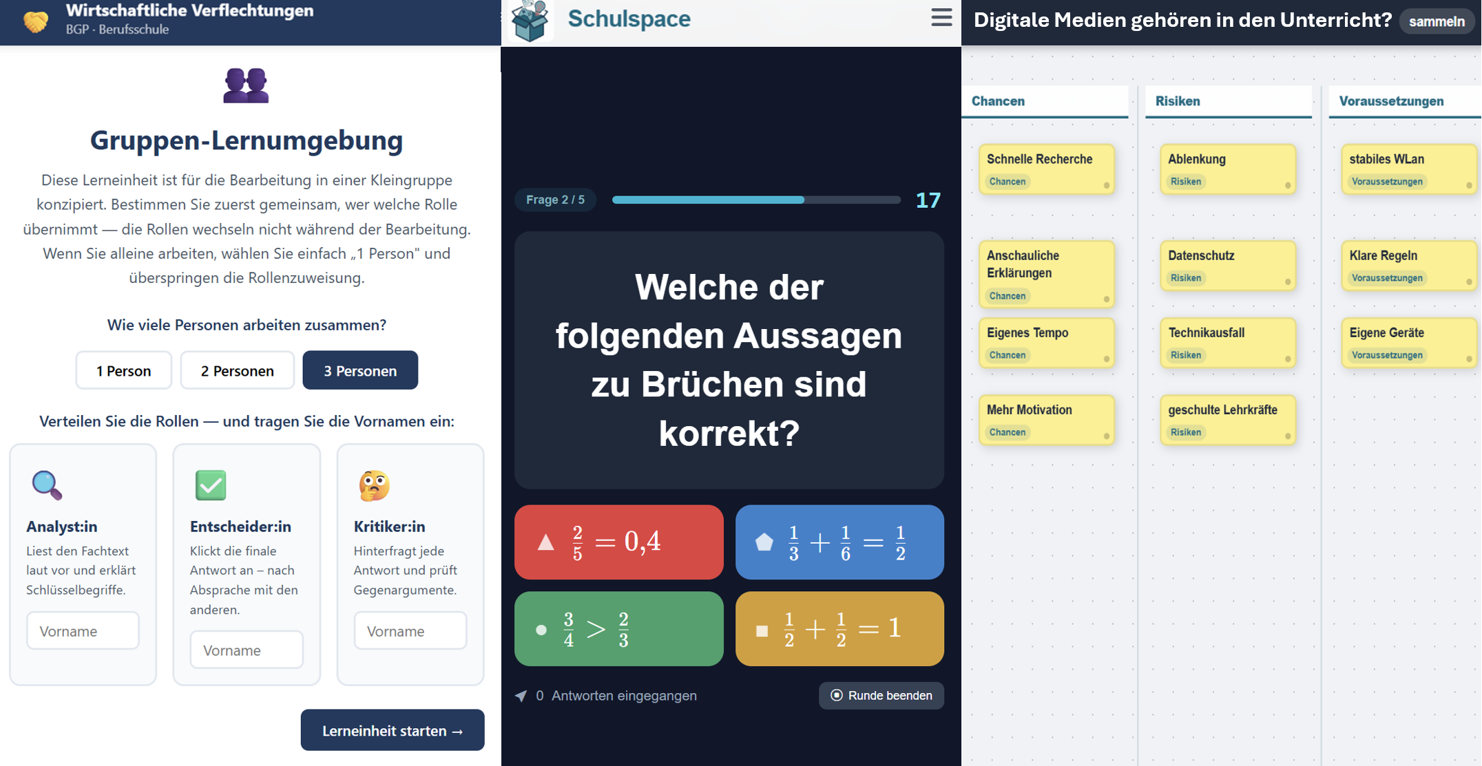 Schulspace im Einsatz: KI-Lernspiel, Live-Quiz und digitale Kartenabfrage nebeneinander