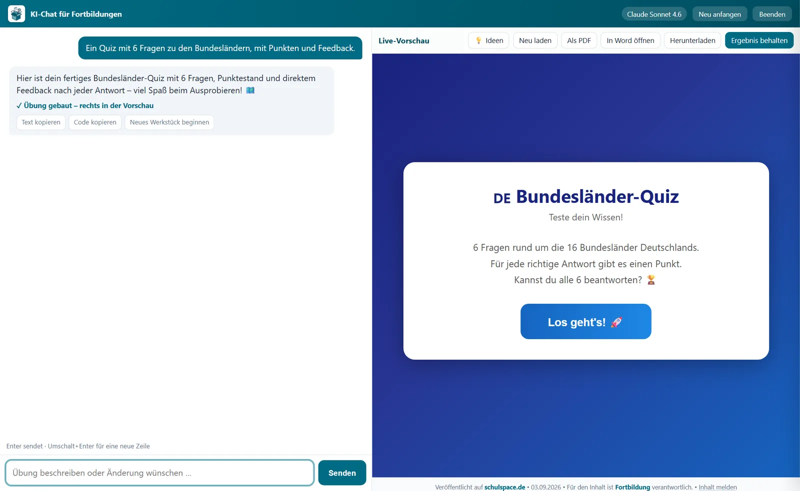 Der KI-Chat für Fortbildungen: links das Gespräch mit Kopier-Knöpfen je Antwort, rechts die Live-Vorschau einer fertigen Übung mit den Knöpfen Als PDF, In Word öffnen, Herunterladen und Ergebnis behalten.