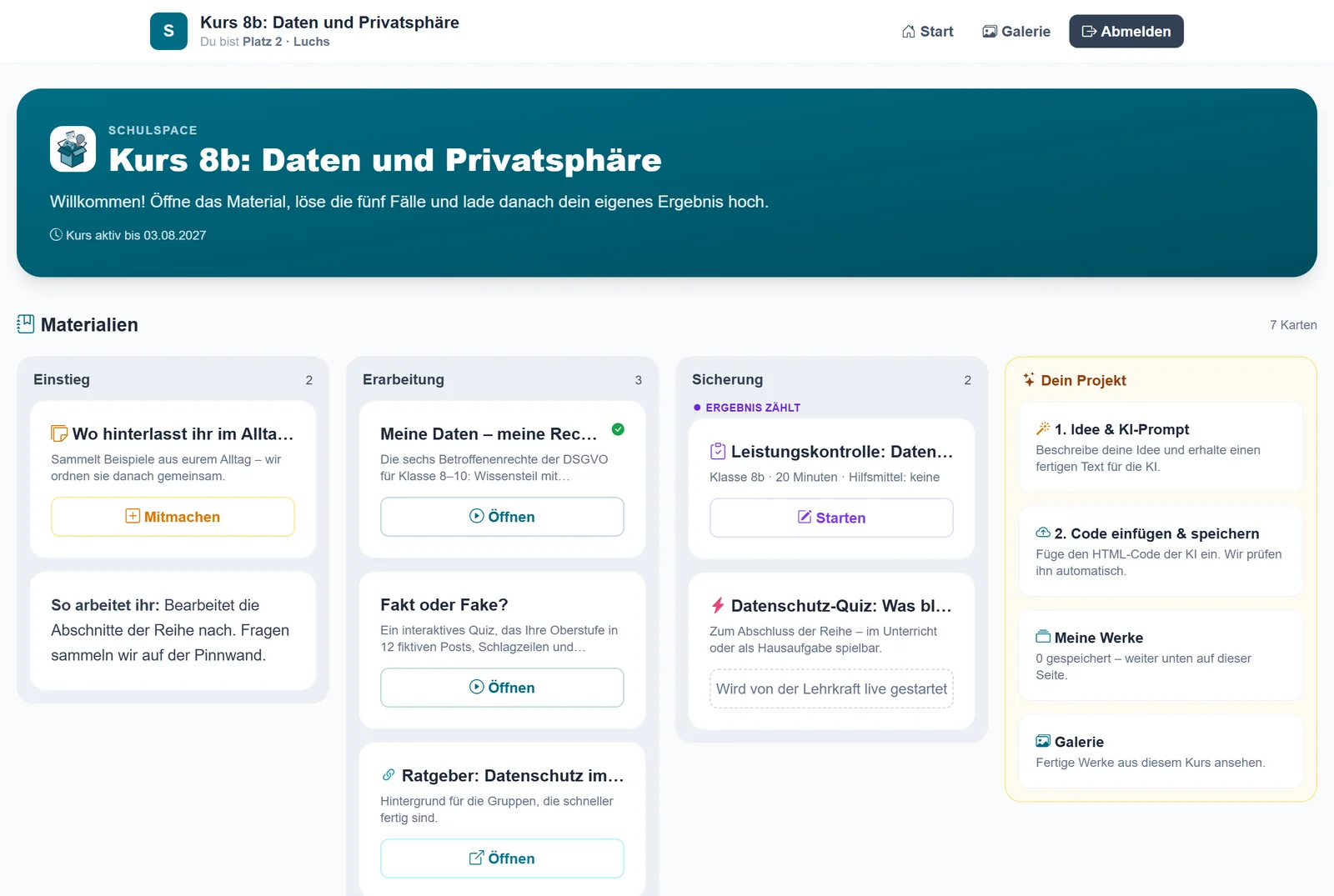 Schüleransicht eines Kurses „Kurs 8b: Daten und Privatsphäre“ mit Materialspalten und dem eigenen Projekt, angemeldet als „Platz 2 · Luchs“