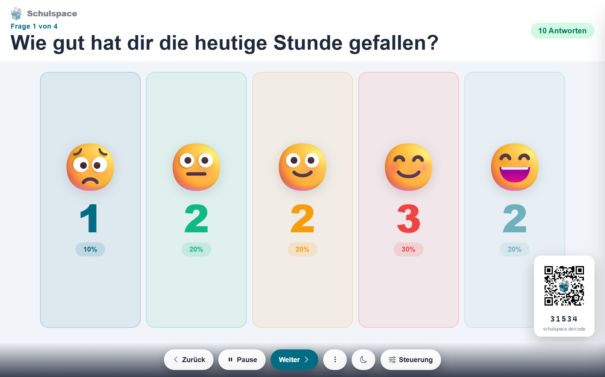 Meinungsbild-Beameransicht mit Emoji-Stimmungsskala, Live-Ergebnis und QR-Code