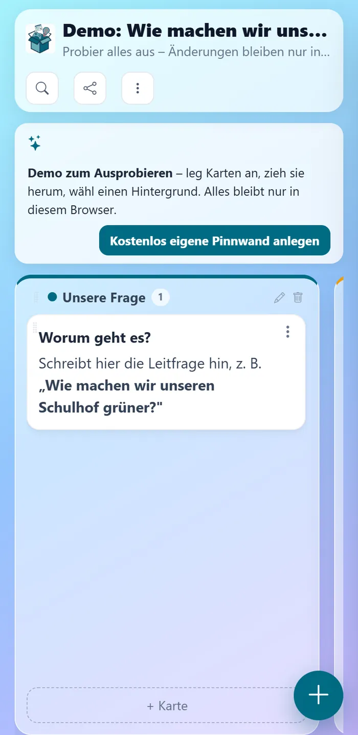 Mitmachen am Handy: Code eingeben, schreiben, fertig – ohne Konto. Neue Karten erscheinen bei allen nach Sekunden.