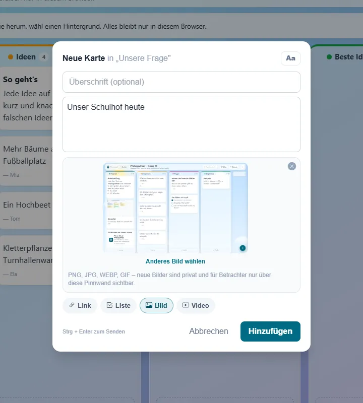 Karte in Sekunden: Plus-Knopf, Strg+V oder Datei aufs Board ziehen: Text mit Bild, Link, Video oder PDF in einer Karte.