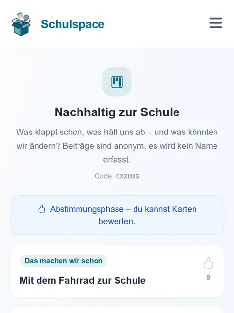 Kartenabfrage „Nachhaltig zur Schule“ auf dem Handy, Abstimmungsphase