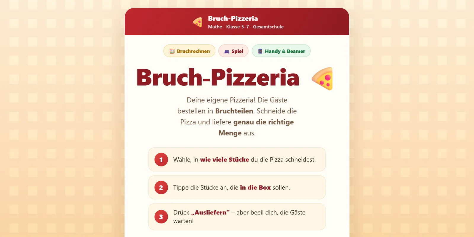 Lernspiel „Bruch-Pizzeria“ für Mathe, Klasse 5 bis 7, mit Spielanleitung in drei Schritten