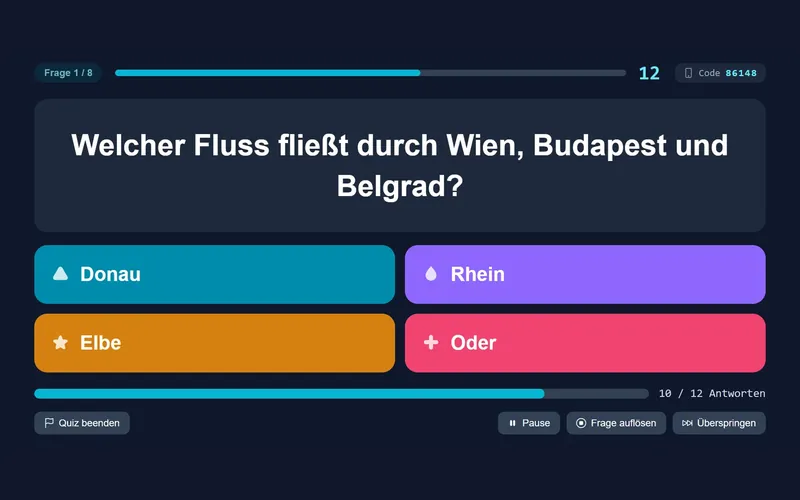 Live-Quiz am Beamer mit Frage und vier farbigen Antworten
