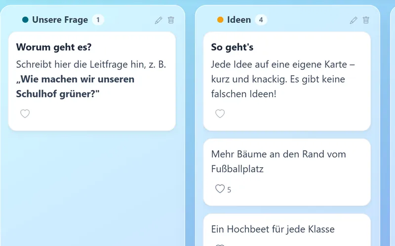 Pinnwand mit den Spalten „Unsere Frage“, „Ideen“ und „Fragen“ und Karten der Klasse