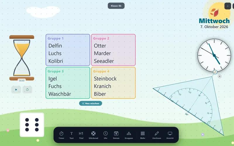 Widget-Tafel mit Sanduhr, Gruppeneinteilung mit Tiernamen, Würfel, Uhr und Geodreieck
