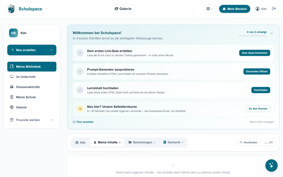 Schulspace-Dashboard nach dem ersten Login mit Willkommens-Checkliste