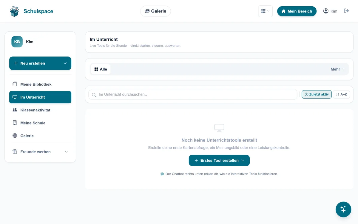 Dashboard-Bereich Im Unterricht mit dem Button Erstes Tool erstellen